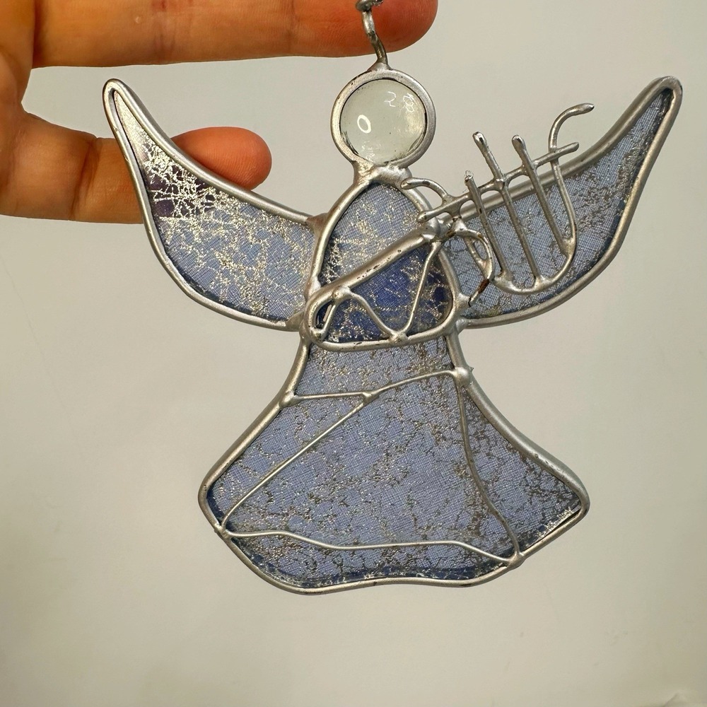 Blue Silver Speckled Stained Glass Angel Ornament With‎ Harp Approx 4"